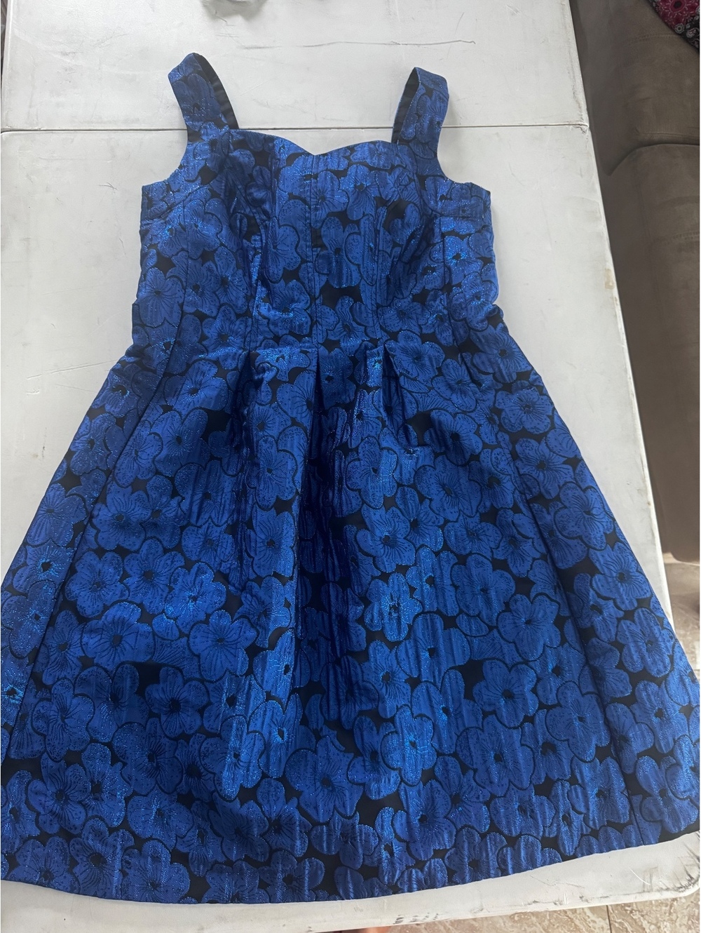 NINE WEST Blue Black Floral Brocade Fit & Flare Midi Dress Sweetheart Neckline